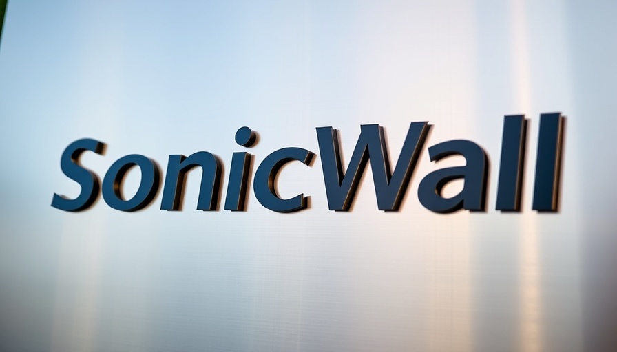 SonicWall logo on metallic sign, daytime.