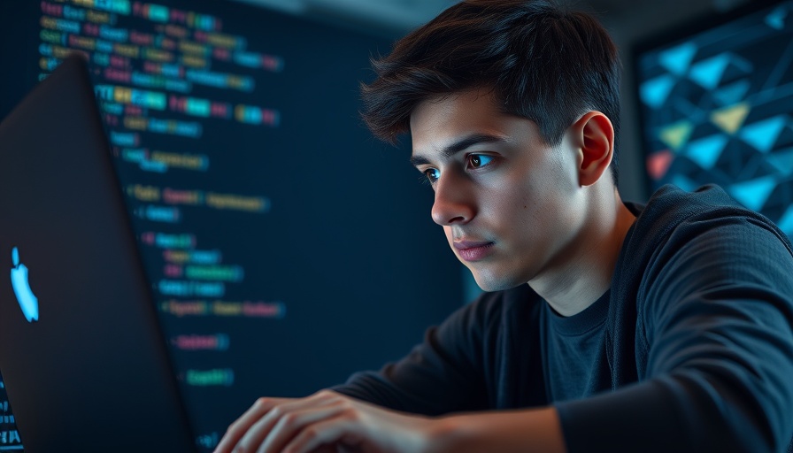 Young student coding with intense focus and code overlay.