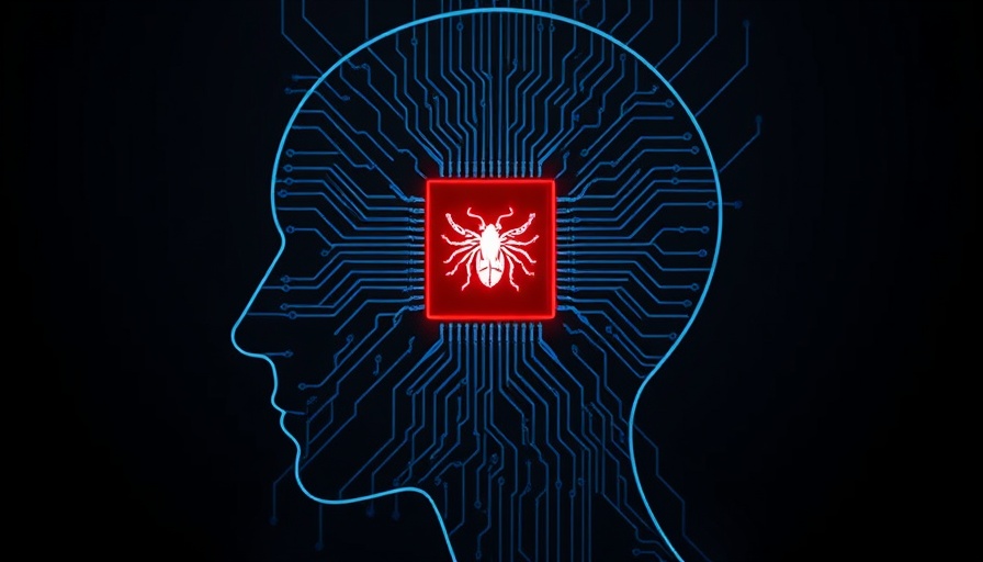 Digital head with circuitry and glowing red bug symbol, EvilAI Malware Masquerades as AI Tools.