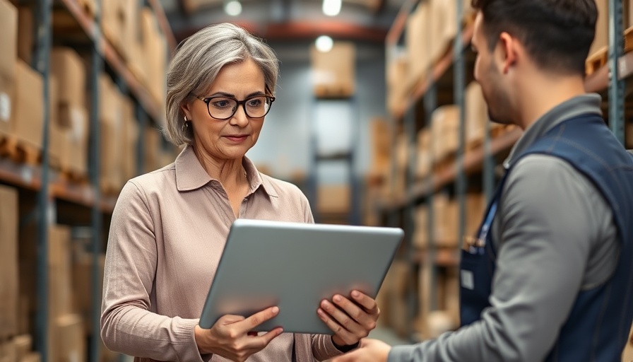 Tablet held in warehouse for inventory in small business.