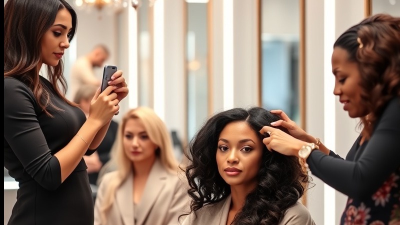 Upscale hair salon with beauticians styling diverse women’s hair