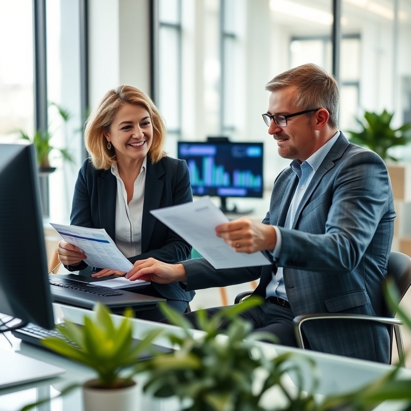 Businesswoman and businessman reviewing income statement in modern office