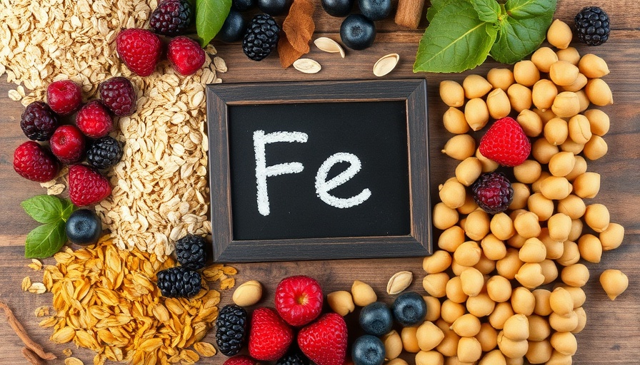 Top view of iron-rich foods with 'Fe' sign; Check Your Iron and Zinc Levels.