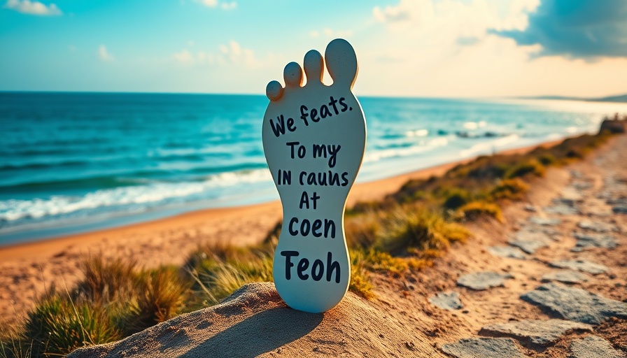 Motivational sign on a scenic beach path emphasizes brand storytelling tips.