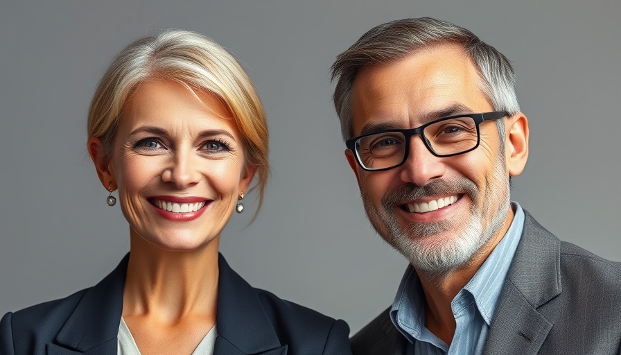 Portrait of middle-aged professionals smiling, longevity science news backdrop.