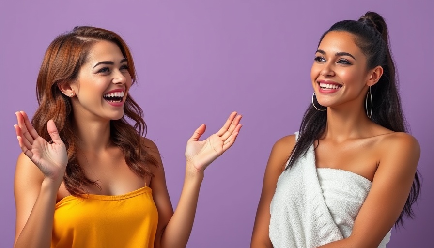 Two women discussing sauna benefits, one smiling and gesturing, Cinematic Photo.