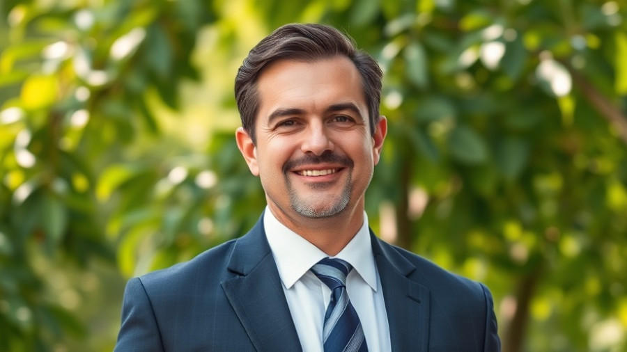 Professional man in suit and tie outdoors with green foliage backdrop.