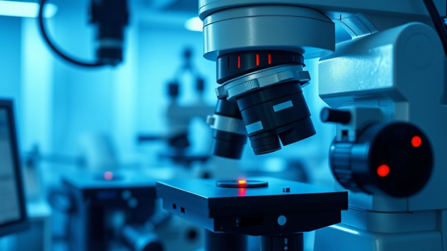 Advanced fluorescence microscopy infrared light seen in a lab setting.
