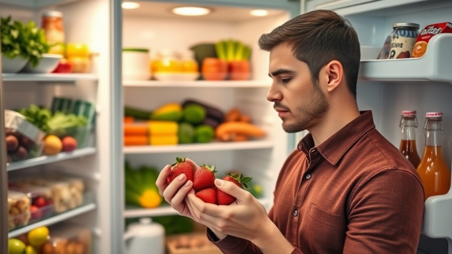 Person checking strawberries in a fridge, food spoilage safety guidelines.