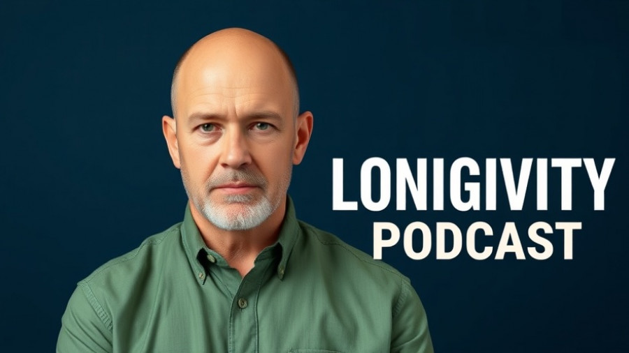 Podcast poster about longevity with serious man and text.