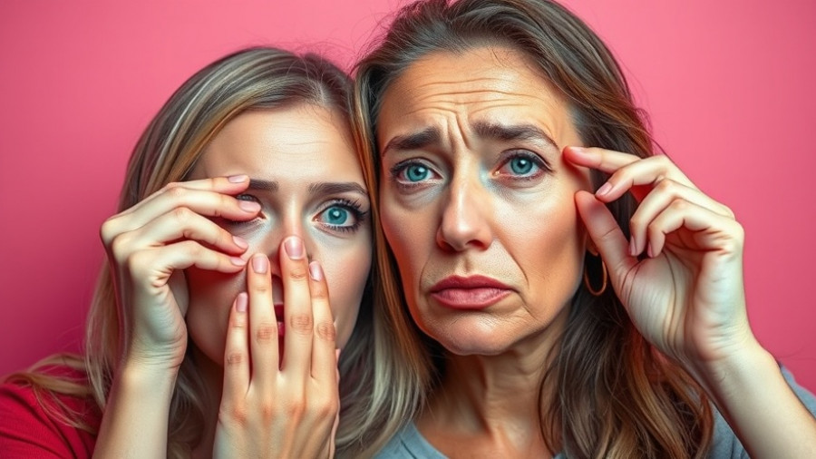 Women examining dark circles under eyes on pink background.