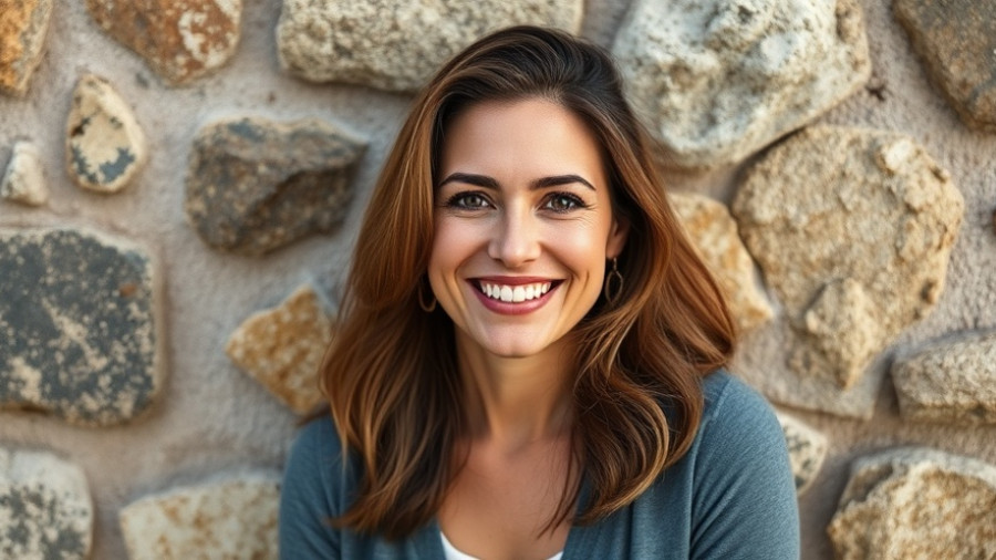 Confident woman smiling in front of stone wall.