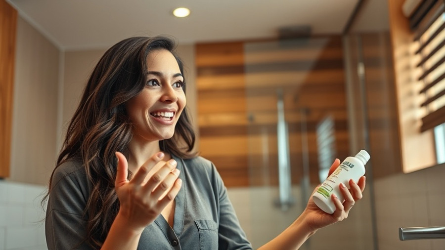 Woman discussing shampoo ingredient for flaky scalp in modern setting.
