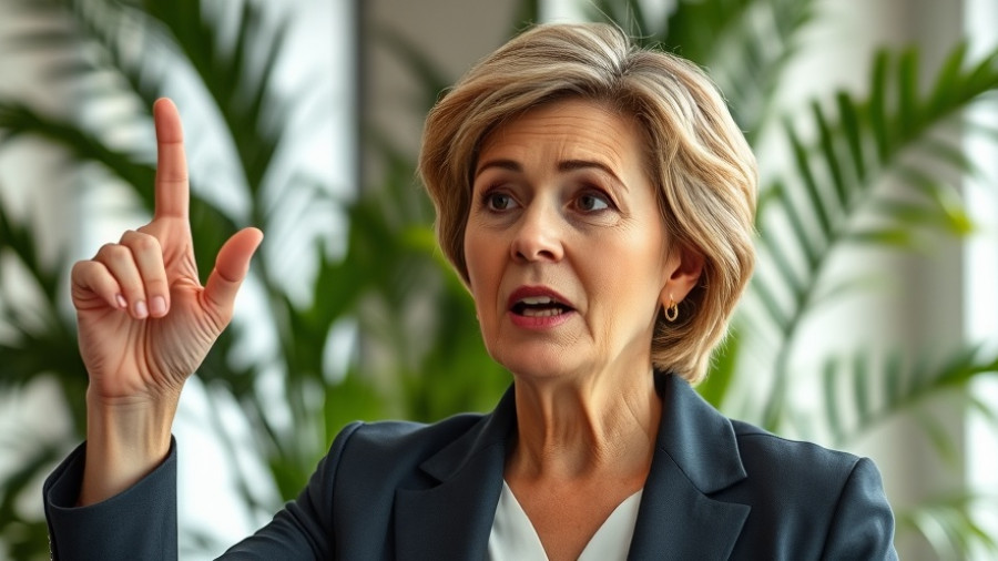 Middle-aged woman discussing weight gain in late 40s, gesturing with one finger, plant backdrop.