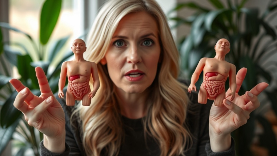 Woman showing effects of holding in poop, health demonstration.