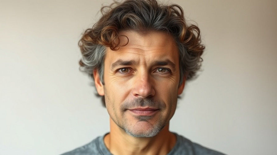 Portrait of neutral-expressive man with curly hair and plain background.