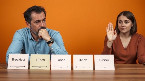 Man contemplating intermittent fasting and woman signaling silence.