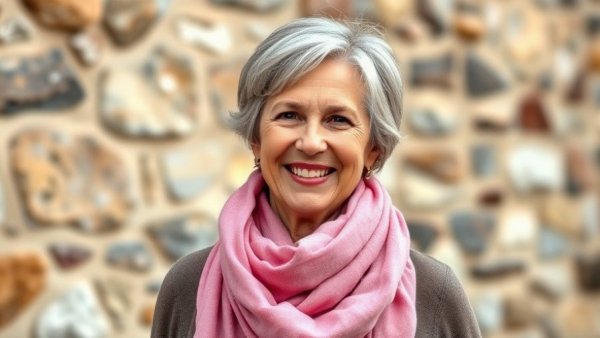 Smiling woman outdoors with pink scarf, stone wall behind her.