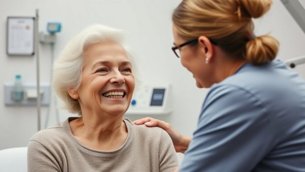 Elderly woman smiling with caregiver in clinical setting, warm interaction.