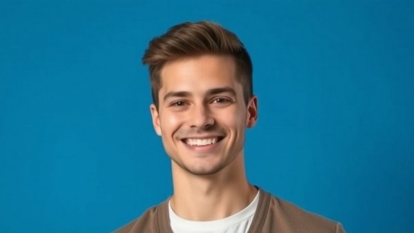 Professional young man smiling against a blue background.