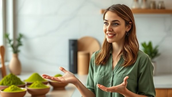 Confident woman presenting about matcha with vibrant background.