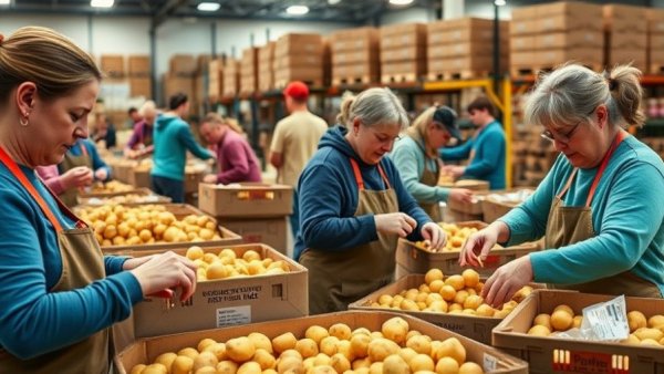 Volunteers sorting potatoes at food bank amid food assistance surge.