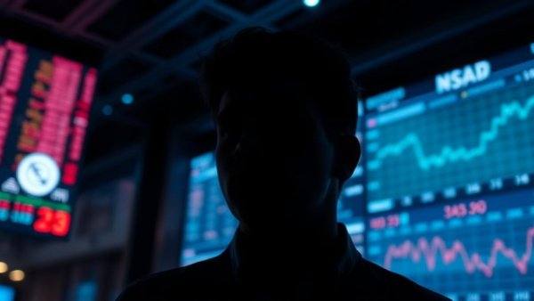 Silhouette observing chaotic stock market screens, symbolizing Wall Street losing faith in AI.