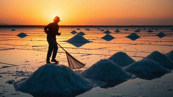 Silhouette of person raking salt at sunset in salt fields.