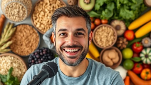 Smiling man discussing Dietary Fiber Health Benefits in a podcast setting.