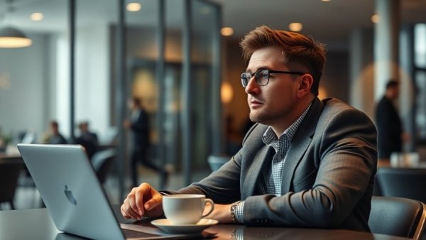 Thoughtful businessman strategizing in modern office for brand strategy work.