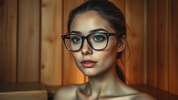 Woman in sauna for detox, wearing glasses and a white jacket.
