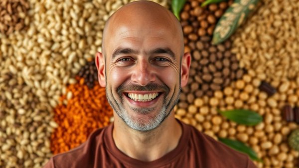 Smiling man discussing dietary fiber benefits, grain background.