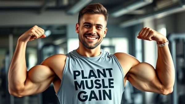 Man promoting plant-based nutrition flexing muscles in gym.