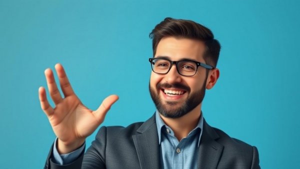 Confident businessman smiling against blue background, Best marketing tools for SMBs.