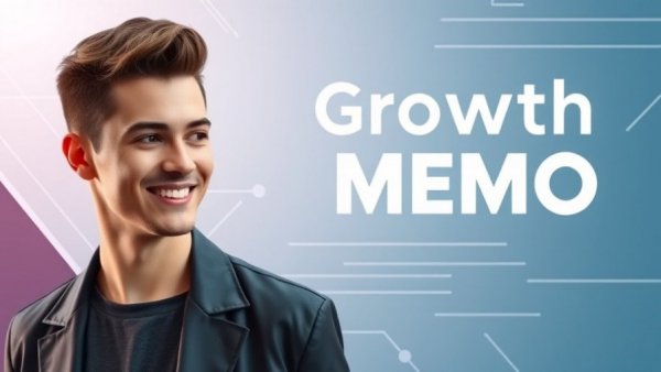 Stylish young man next to 'Growth Memo' text, tech-themed background.