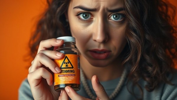 Concerned woman holding vitamin bottle with hazard symbol, indicating health side effects of taking dirty vitamins.