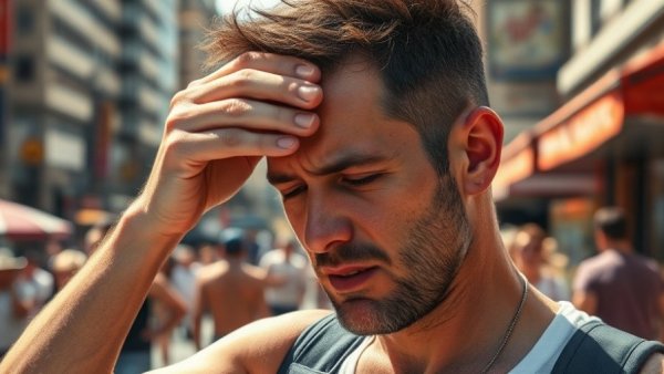 Man experiencing heat, wiping sweat in bright urban environment.