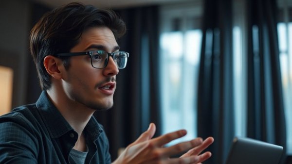 Young man discussing if AI can understand your brand in a cinematic setting.