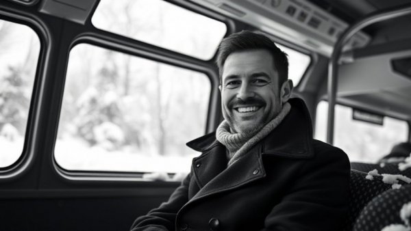 Smiling man inside a bus during winter with a snowy background.
