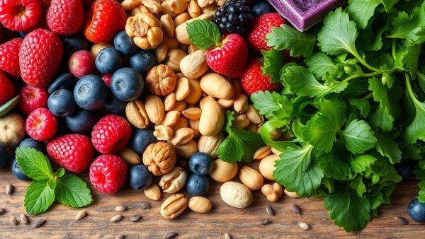 Vibrant polyphenol-rich foods beautifully arranged on a wooden table.