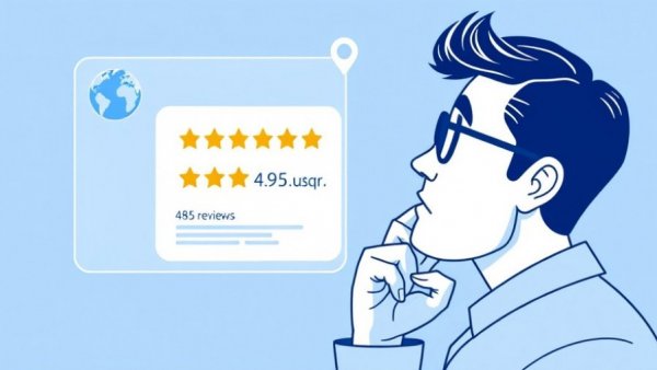 Illustration of local business marketing with star ratings and thoughtful person.