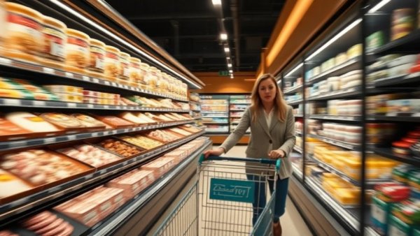 Woman shopping in supermarket, SNAP benefits implications in aisle.