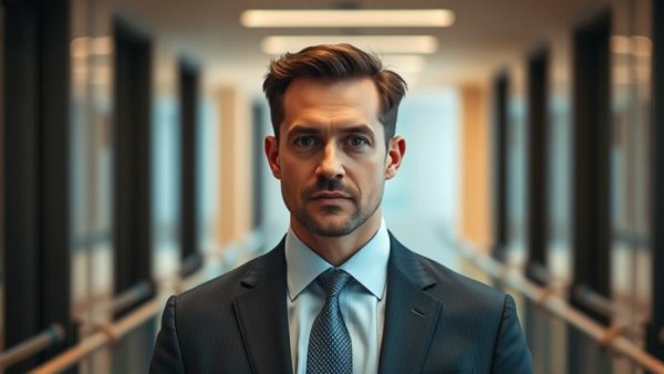 Professional man in a formal suit, modern setting.