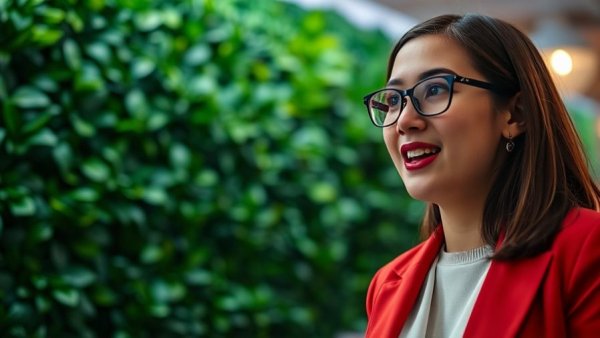 Professional woman discussing effects of too much light, indoor setting.