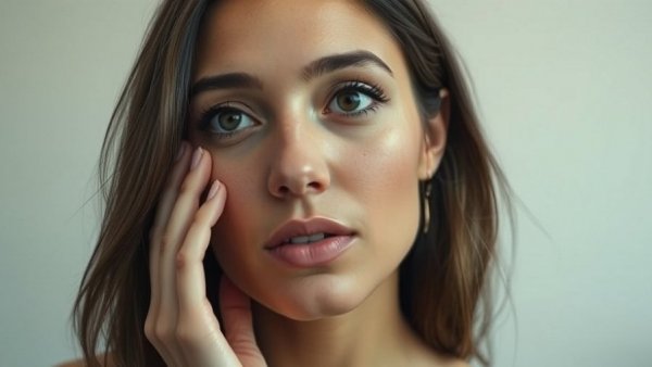 Woman touching cheek related to eczema and gut health