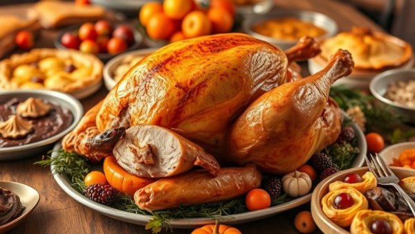 Thanksgiving food safety: Feast with turkey, sides, and desserts.