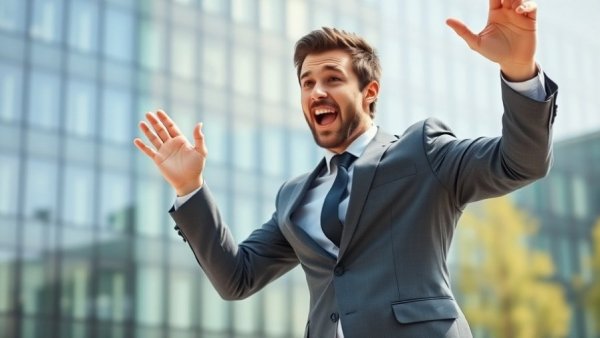 Enthusiastic man discussing Local SEO tips outdoors.