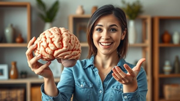 Woman discussing brain model indoors, related to herbal medicines for brain power.