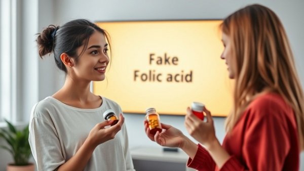 Woman discusses fake folic acid in vitamins on screen.
