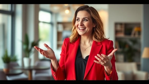 Woman in red blazer discussing health in a bright room.